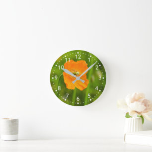 Blooming Orange Poppy Flower Photo On Green Round Clock