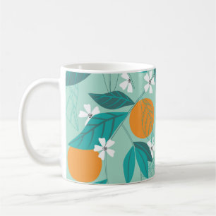 Blooming oranges in leaves. illustration coffee mug
