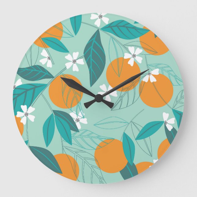 Blooming oranges, leaves, vintage art. large clock (Front)