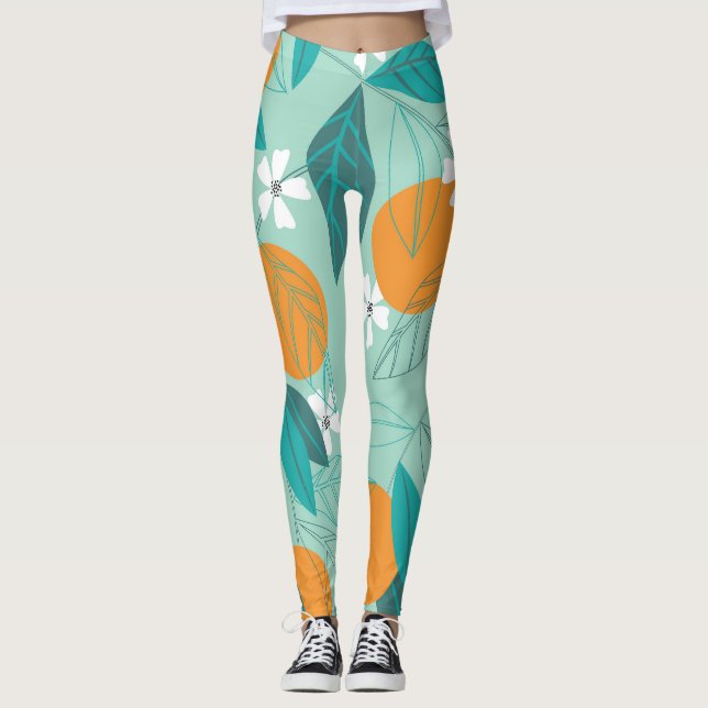 Blooming oranges, leaves, vintage art. leggings (Front)