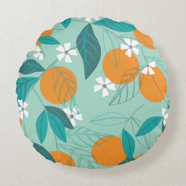 Blooming oranges, leaves, vintage art. round cushion (Front)