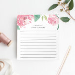 Blooming Peony | Personalised Lined Notepad<br><div class="desc">Chic floral notepad features a top border of watercolor peony flowers in vibrant pink with lush green leaves. Personalise with two lines of custom text in modern lettering; shown with the French greeting "bonjour" and your name. Lined.</div>