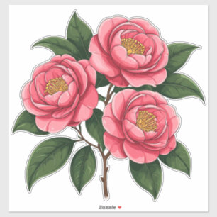 Blooming Pink Camellia Flowers With Green Leaves