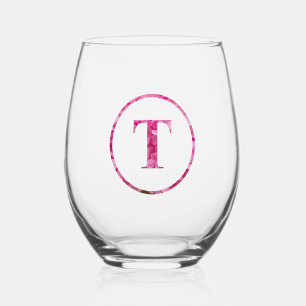 Blooming Pink Floral Monogram Lettering Art "T" Stemless Wine Glass