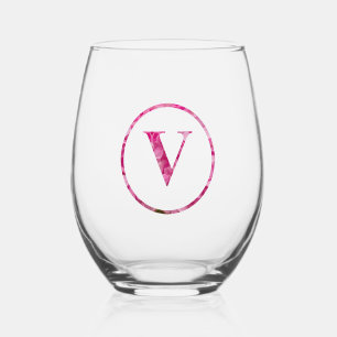 Blooming Pink Floral Monogram Lettering Art "V" Stemless Wine Glass