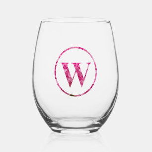 Blooming Pink Floral Monogram Lettering Art "W" Stemless Wine Glass