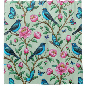 Blooming Pink Flowers Songbirds Green Leaves Mint Shower Curtain