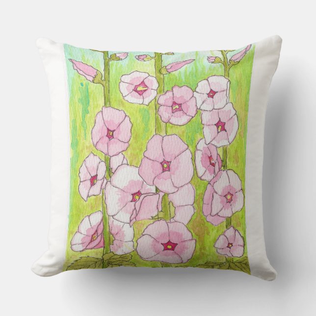 Blooming Pink Hollyhocks Watercolor Cushion (Front)