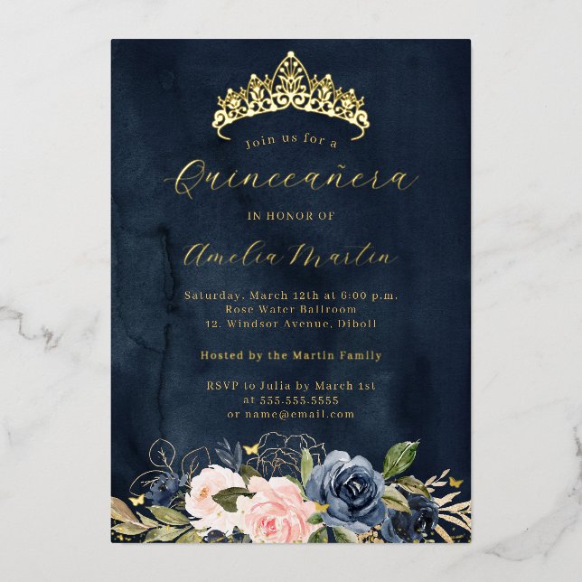 Blooming Pink Navy Floral Butterfly Quinceanera (Front)