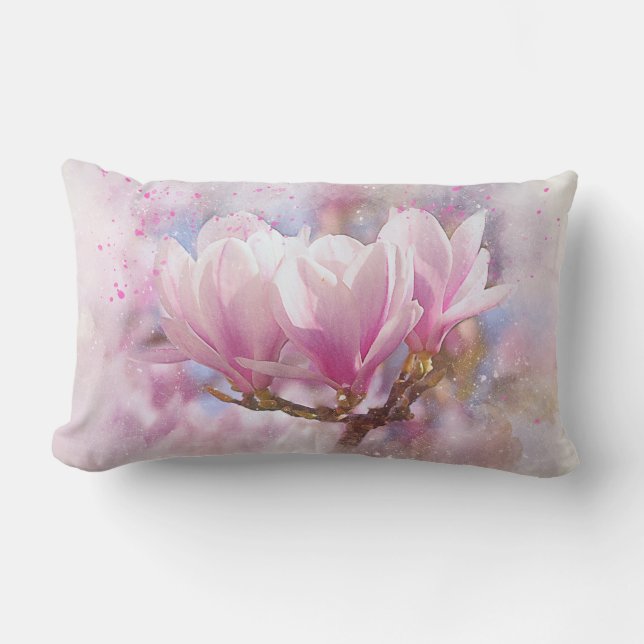 Blooming Pink Purple Magnolia - Spring Flower Lumbar Cushion (Front)