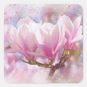 Blooming Pink Purple Magnolia - Spring Flower Square Sticker
