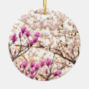 Blooming Pink Purple Magnolias Spring Flower Ceramic Tree Decoration