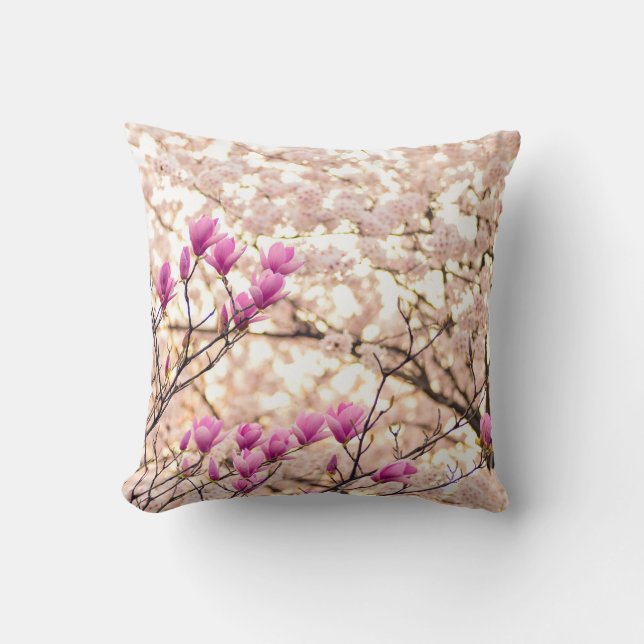 Blooming Pink Purple Magnolias Spring Flower Cushion (Front)