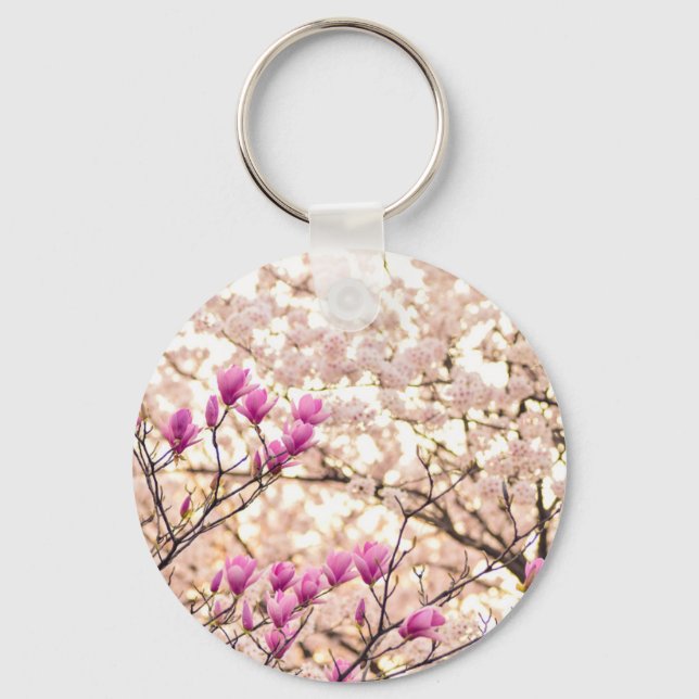 Blooming Pink Purple Magnolias Spring Flower Key Ring (Front)