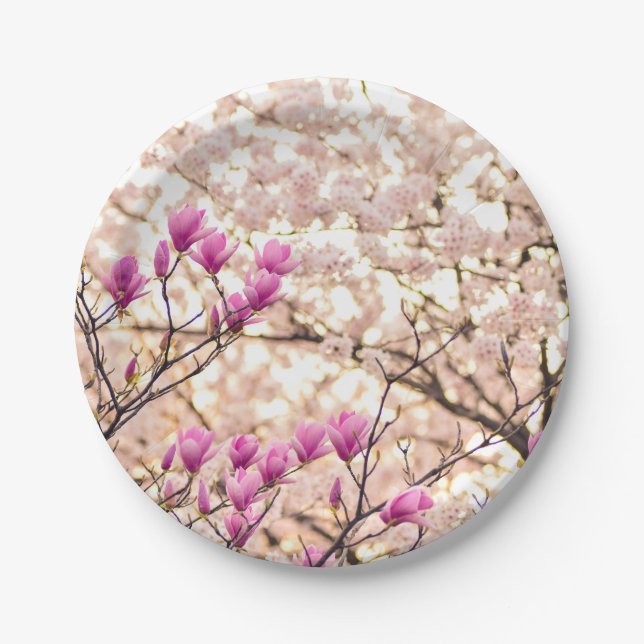 Blooming Pink Purple Magnolias Spring Flower Paper Plate (Front)