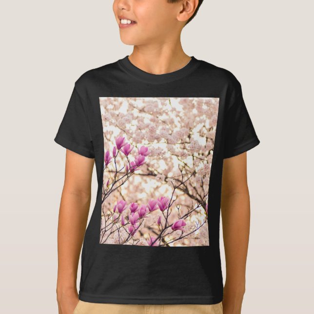 Blooming Pink Purple Magnolias Spring Flower T-Shirt (Front)