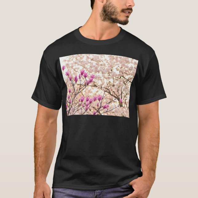 Blooming Pink Purple Magnolias Spring Flower T-Shirt (Front)