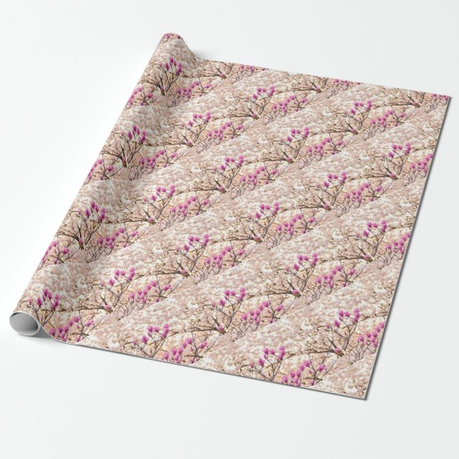 Blooming Pink Purple Magnolias Spring Flower Wrapping Paper (Unrolled)