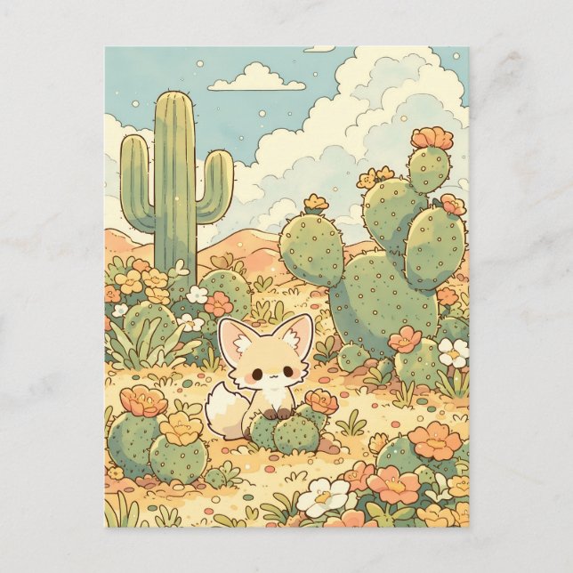 Blooming Prickly Pear Kawaii Fennec Fox Postcard (Front)