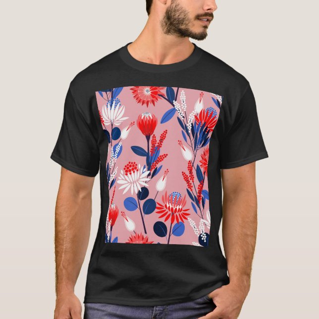 Blooming Protea: Botanical Garden Pattern T-Shirt (Front)