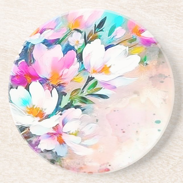 Blooming Radiance Floral Sandstone Coaster (Front)