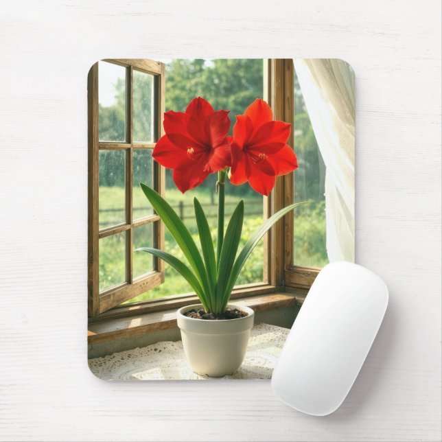 Blooming Red Amaryllis  Mouse Mat (With Mouse)