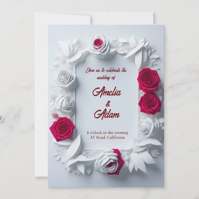 Blooming red and white rose flower frame wedding invitation (Front)
