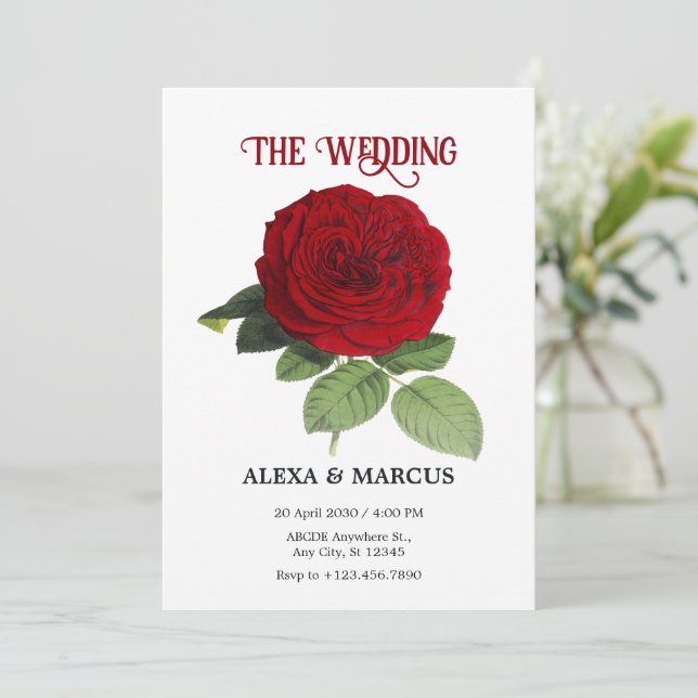 Blooming red rose wedding  invitation (Standing Front)