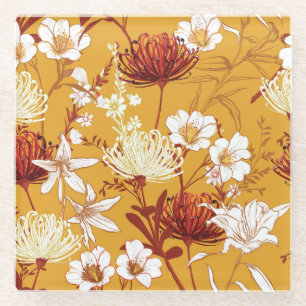 Blooming Retro: Unfinished Floral Line Art Glass Coaster