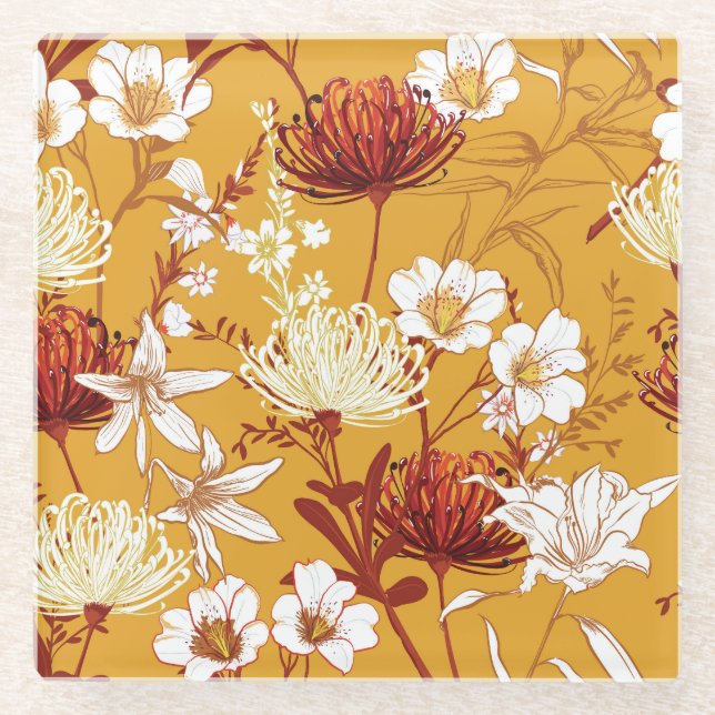 Blooming Retro: Unfinished Floral Line Art Glass Coaster (Front)