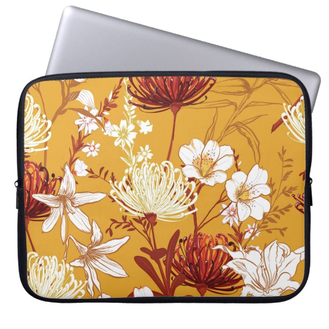 Blooming Retro: Unfinished Floral Line Art Laptop Sleeve (Front)