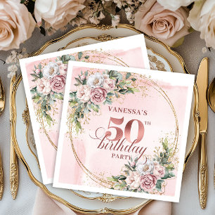 Blooming Rose Gold Blush Floral 50th Birthday  Napkin