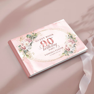 Blooming Rose Gold Floral Greenery 90th Birthday  Guest Book