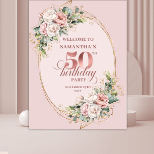 Blooming Rose Gold Pastel Pink 50th Birthday Banne Tapestry