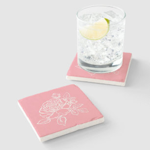 Blooming Rose Sketch Custom Background Colours Stone Coaster