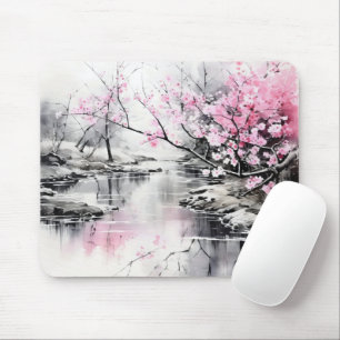 Blooming Sakura over River Ink Painting Mouse Mat
