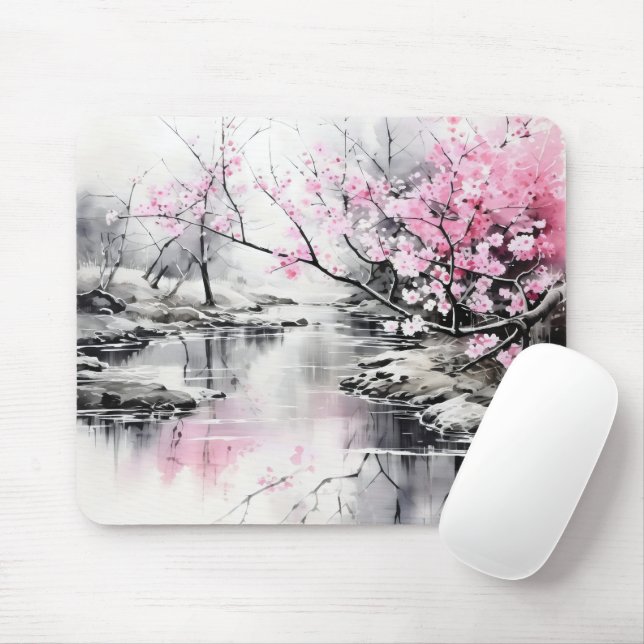 Blooming Sakura over River Ink Painting Mouse Mat (With Mouse)
