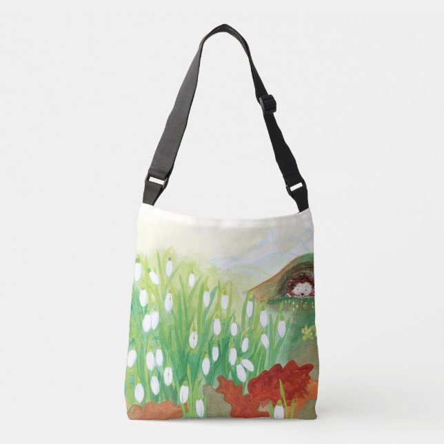 Blooming Snowdrops and a Hedgehog Illustration   Crossbody Bag (Front)