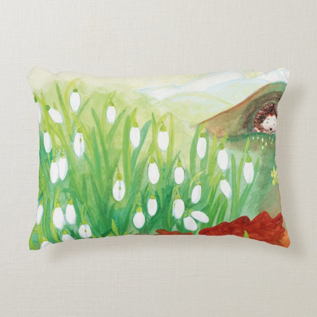 Blooming Snowdrops and a Hedgehog Illustration  Decorative Cushion (Front)