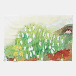 Blooming Snowdrops and a Hedgehog Illustration Tea Towel