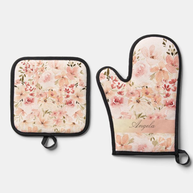 Blooming Spring Flowers Oven Mitt & Pot Holder Set (Front)