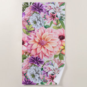 Blooming summer floral garden illustration beach towel