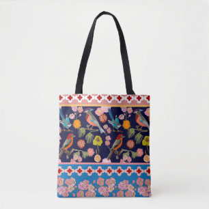 Blooming Summer Flowers and Playful Paradise Birds Tote Bag