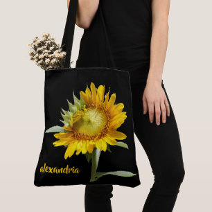 Blooming Sunflower on black, personalised Tote Bag