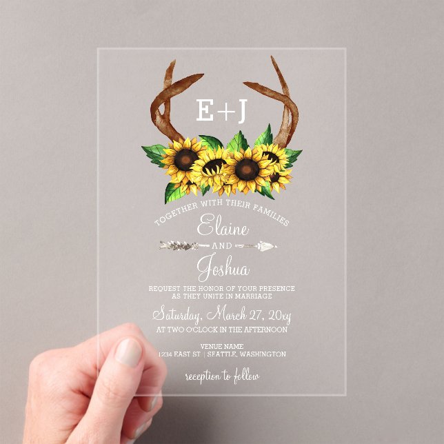 Blooming Sunflowers Antlers Country Chic Wedding Acrylic Invitations (Insitu (Handheld))