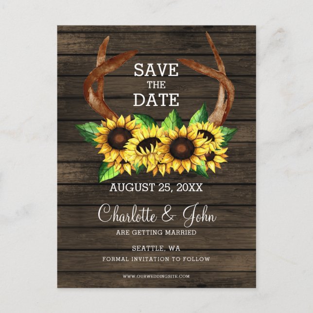 blooming sunflowers antlers country chic wedding announcement postcard (Front)