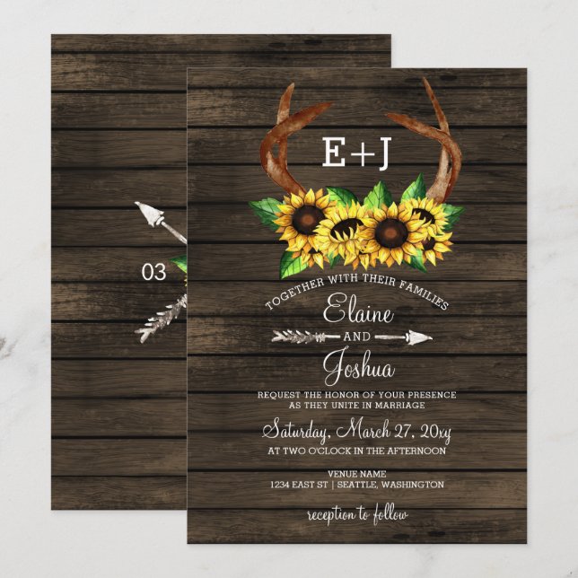 Blooming Sunflowers Antlers Country Chic Wedding Invitation (Front/Back)