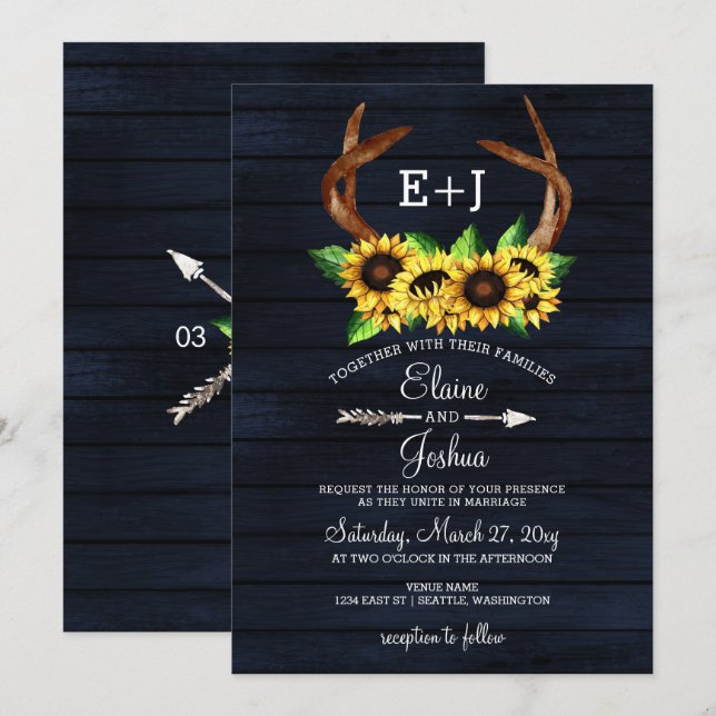 Blooming Sunflowers Antlers Country Chic Wedding Invitation (Front/Back)