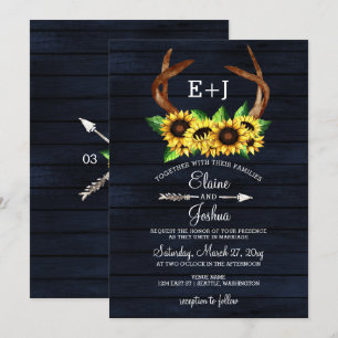 Blooming Sunflowers Antlers Country Chic Wedding Invitation