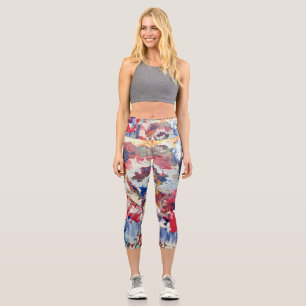 Blooming tree abstract red white blue yellow capri leggings